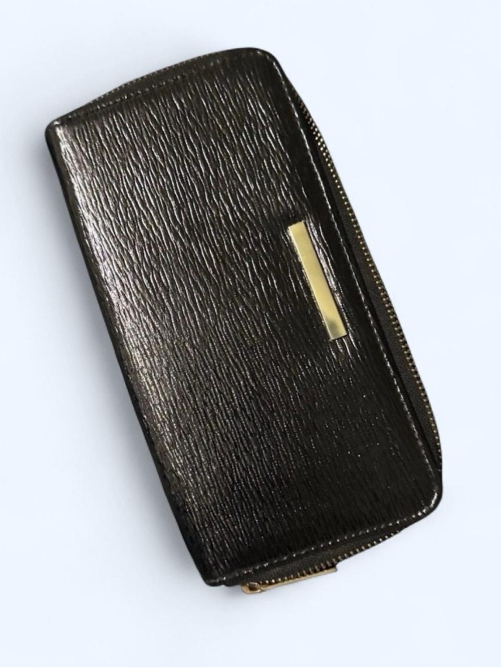 Black Textured Zip Wallet with Gold Accent